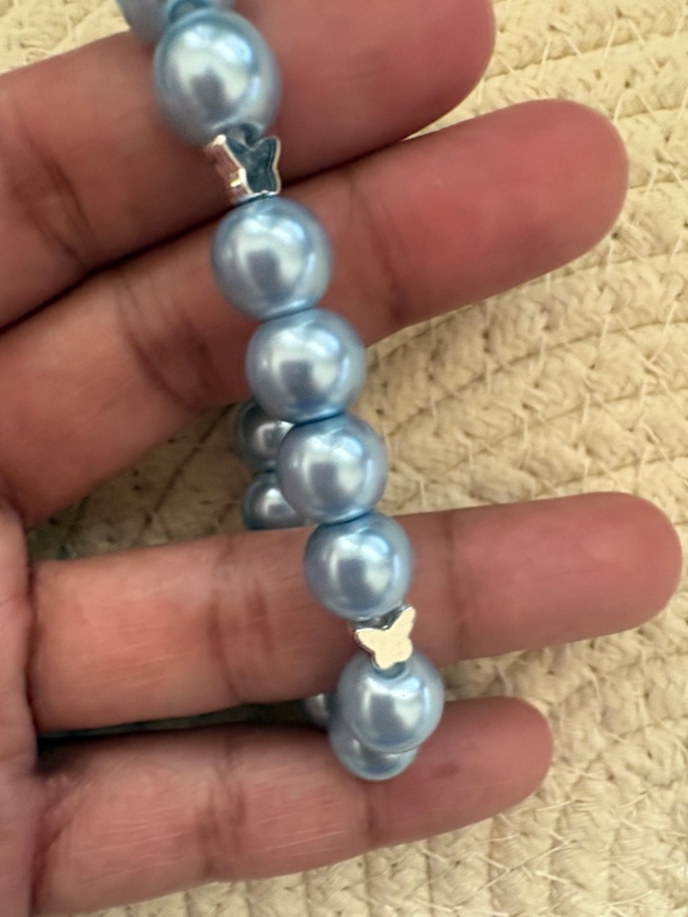 Blue Glass Beads Pearls Bracelet with Silver Butterfly Accents 🦋 - Picture 2 of 5